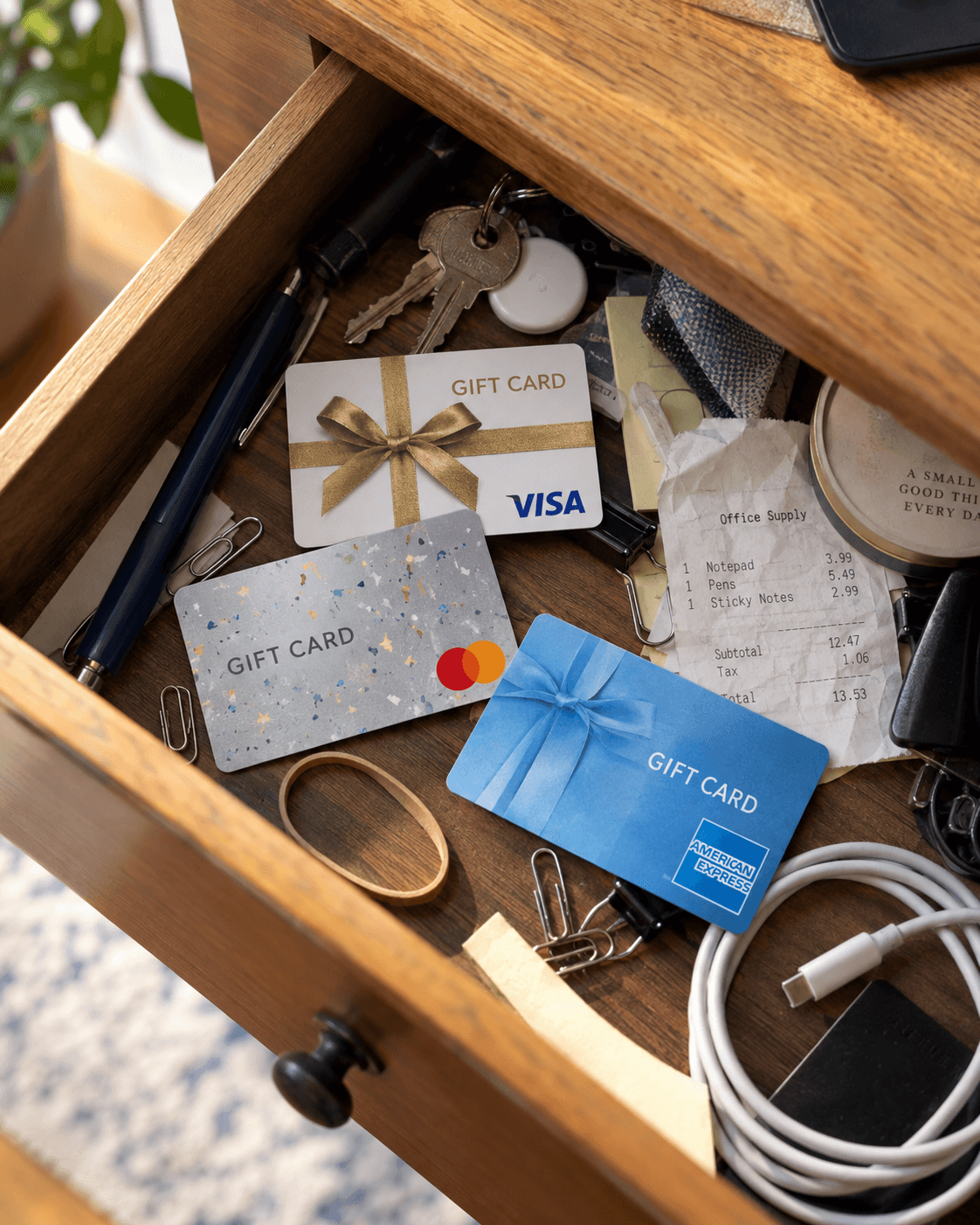 Three loose prepaid gift cards among everyday items in a desk drawer
